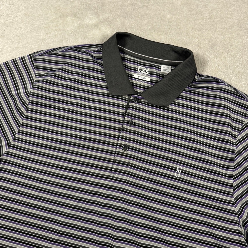 Cutter & Buck Polo Shirt Mens XL Purple Grey Black CB DryTec Striped Golf Top